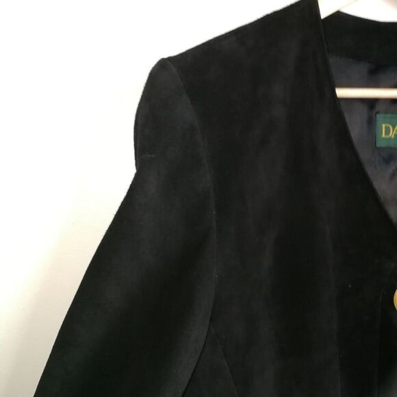 Vintage 80s Black Suede Leather Blazer & Knee Length Skirt 2 Piece Skirt Suit M - Picture 11 of 16